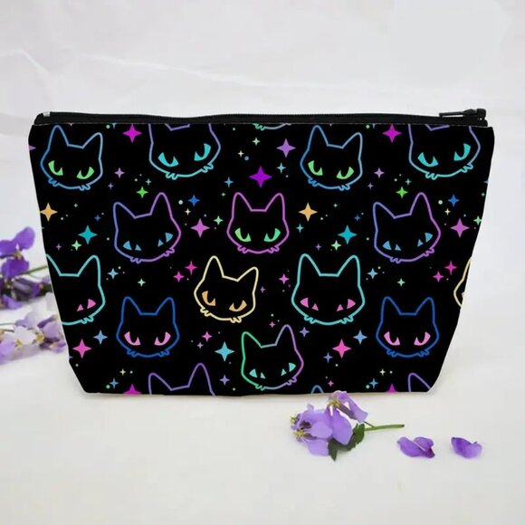 Cosmetic Bag Makeup Cat Kitty Black Light Glow Neon Pouch Travel Storage Trip - Picture 1 of 3